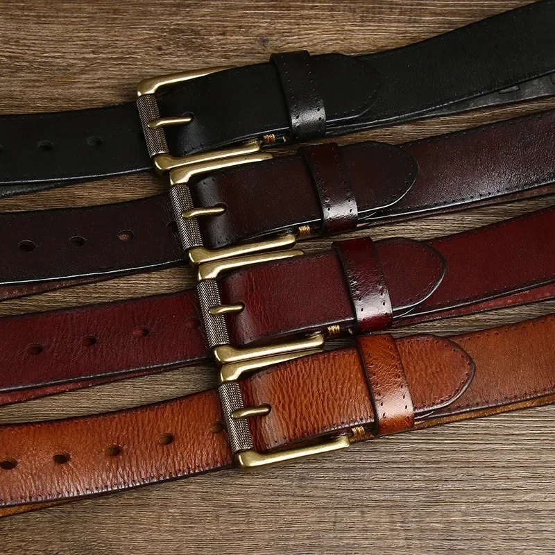 3.8CM Men High Quality Genuine Leather Belt Luxury Brass Pin Buckle Braid Belts Pure Cowskin Vintage Strap Male Jeans for Man