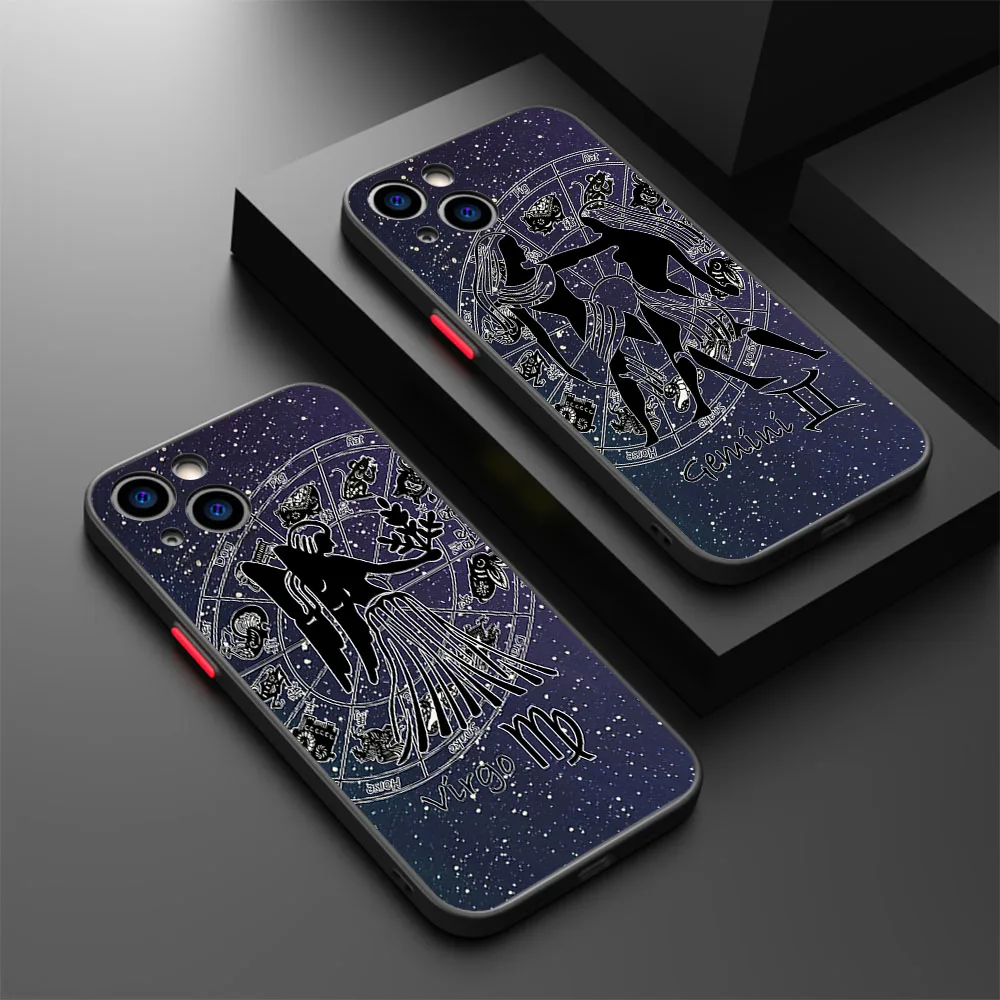 Luxury Zodiac Constellations Gemini Frosted Translucent Phone case For iPhone 15 14 13 12 11 Pro Max XS SE X XR 7 8 Plus 6 Cover