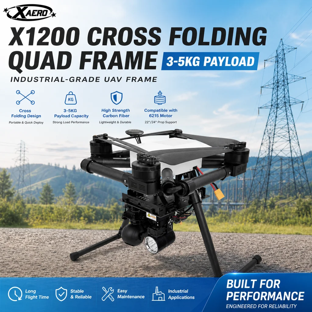XAERO X1200 Cross Folding Quad Frame 3-5kg Payload for 6215 Motor 22 24 Prop Industrial UAV