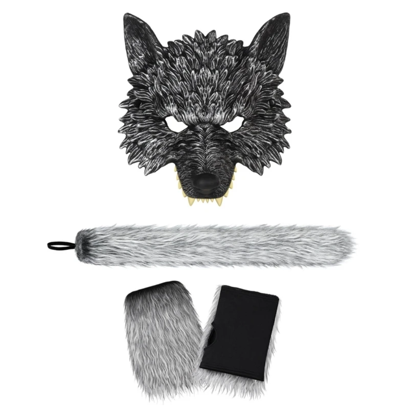 2/3Pcs Wolf Costume Set Wolf Tail Wolf Mask Gloves Set Halloween Christmas Fancy Party Costume Toys Animal Cosplay Props