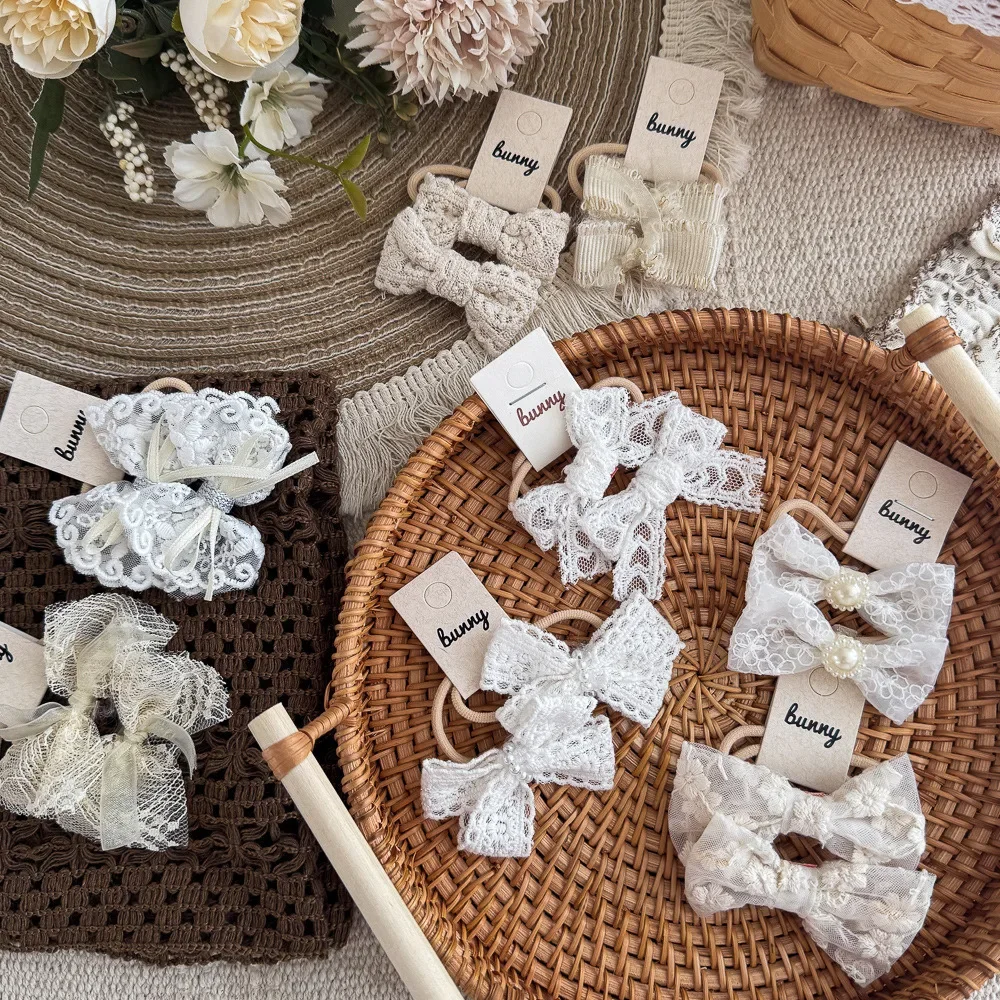 Sweet Retro Lace Bow Children Hair Loop Girls Baby Headband Small Rubber Band Cute Beige White Kids Headwear Princess Hair Rope