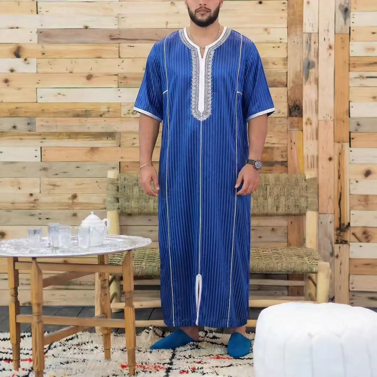 Muslim men's thobe short-sleeved embroidery Moroccan Clothing Islamic loose men Moroccan Caftan Abaya dress