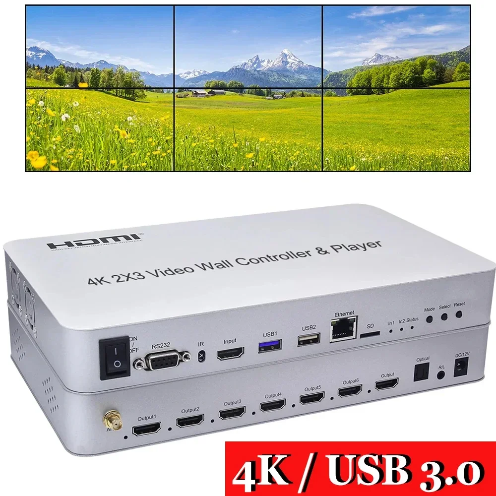 4K 2x3 HDMI Video Wall Controller Player TV Splicer 2x2 Multi Screen Splicing Processor Support USB Mouse Keyboard RS232 U Disk