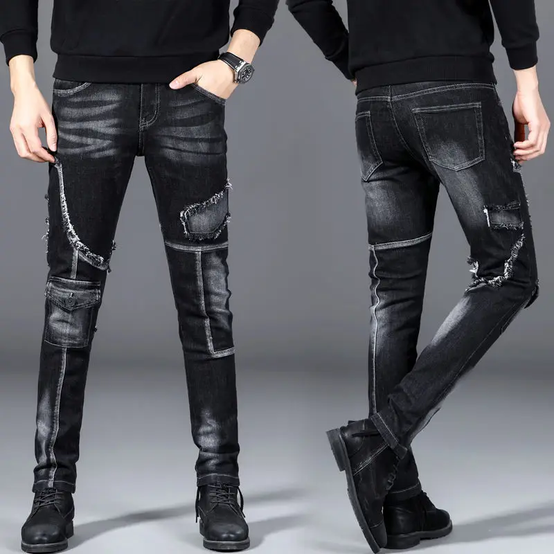 

Men’s Light Luxury Street Fashion Moto&Biker Jeans,Wear-proof Retro Style Patchwork Denim Pants ,Slim-fit Trendy Casual Jeans;