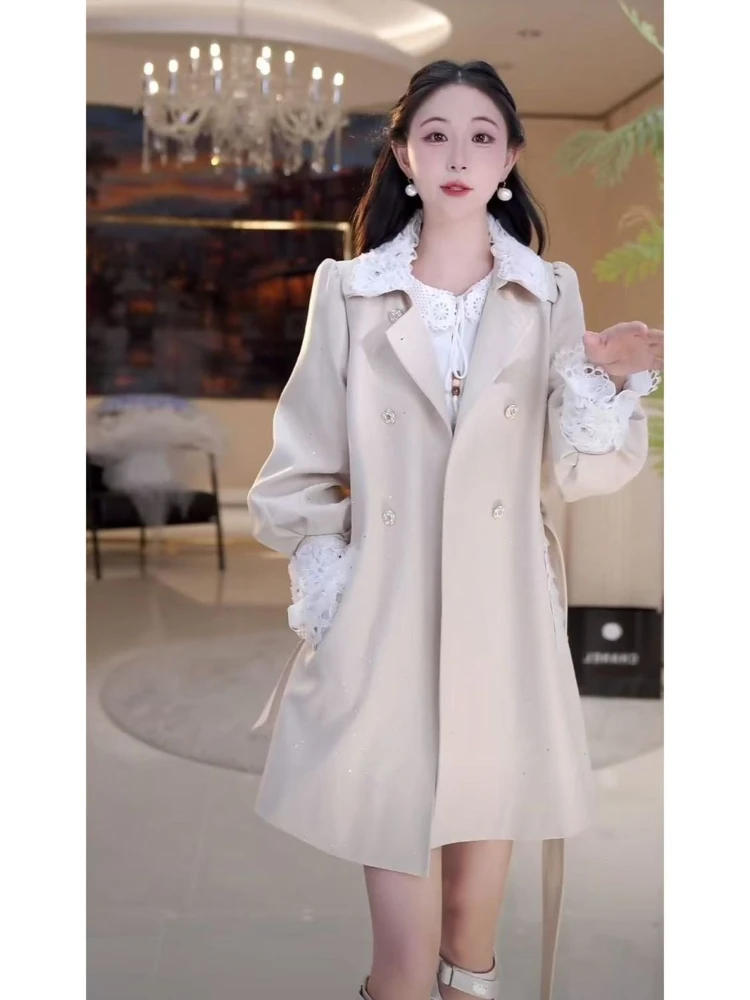 

Korean version elegant lace patchwork lace-up double breasted mid length windbreaker jacket+A-line short skirt two-piece set