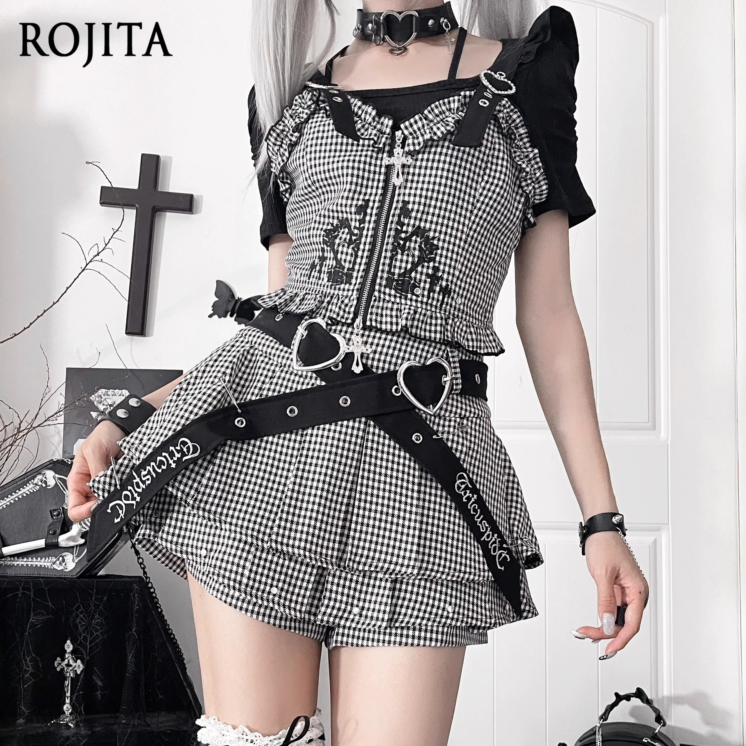

Original Dark Style Inner Wear Knitted Short Sleeve Top V-Neck Zipper Vest Embroidered Short Skirt Korean Fashion Clothing