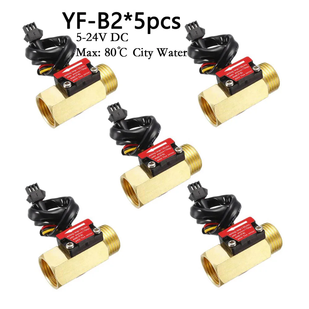 

YF-B2 Water Flow Sensor 1/2“ ”Brass Threaded 1-25L/min BSPP G1/2" 1% Repeat Error 5pcs Turbine Flow Meter 5-24V DC