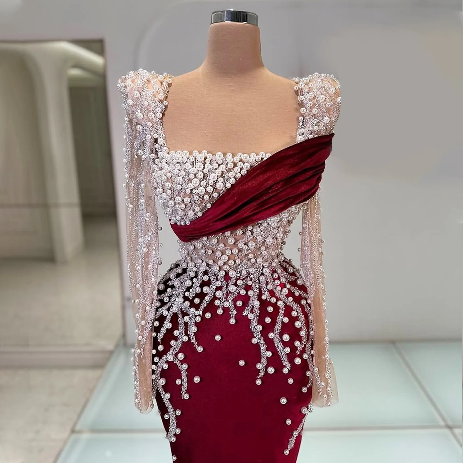 Floria Elegant Party Dress Pearl Lace Patchwork Velvet Long Dress with Train and Slim Fit Formal Evening Dress