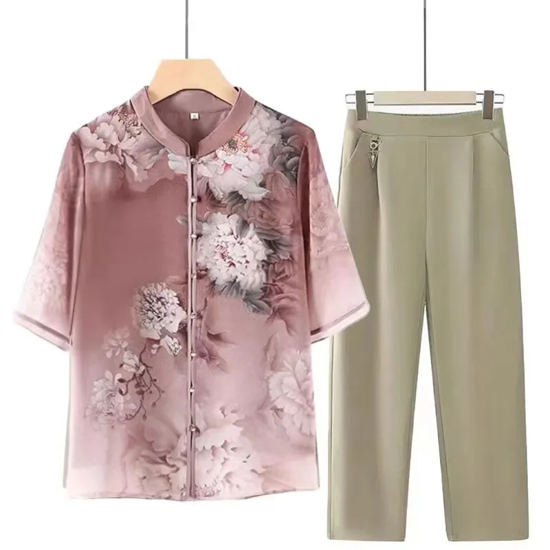 Middle Age Mom Middle Sleeve Shirt Two Pieces Suit Summer Female Cardigan Thin Style Chiffon Set Middle Aged Grandmother Blouse