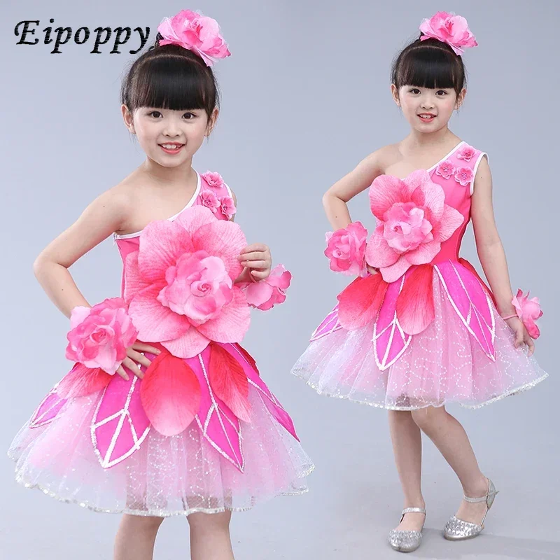 

Girls Pink Flower Dance Costumes Kindergarten Performance Clothing Festival Dance Dress Carnival Supplies