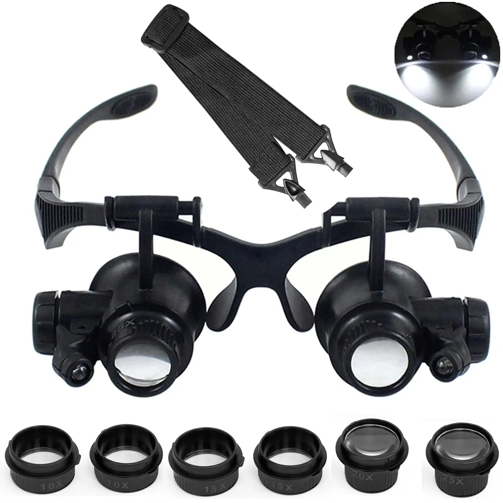 LED Head Mount Magnifier 10X 15X 20X 25X Hands-Free Magnifying Glass Headband Magnifier with Light for Close Work Jewelry Watch