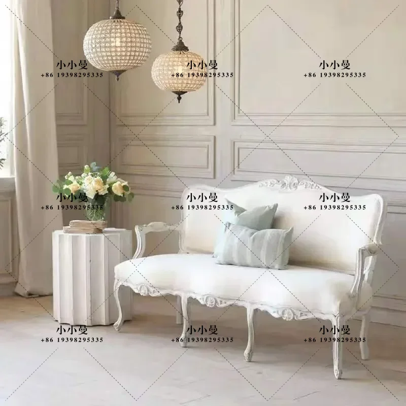 French retro solid wood carving flower European classical log white old small apartment combination fabric three-person sofa