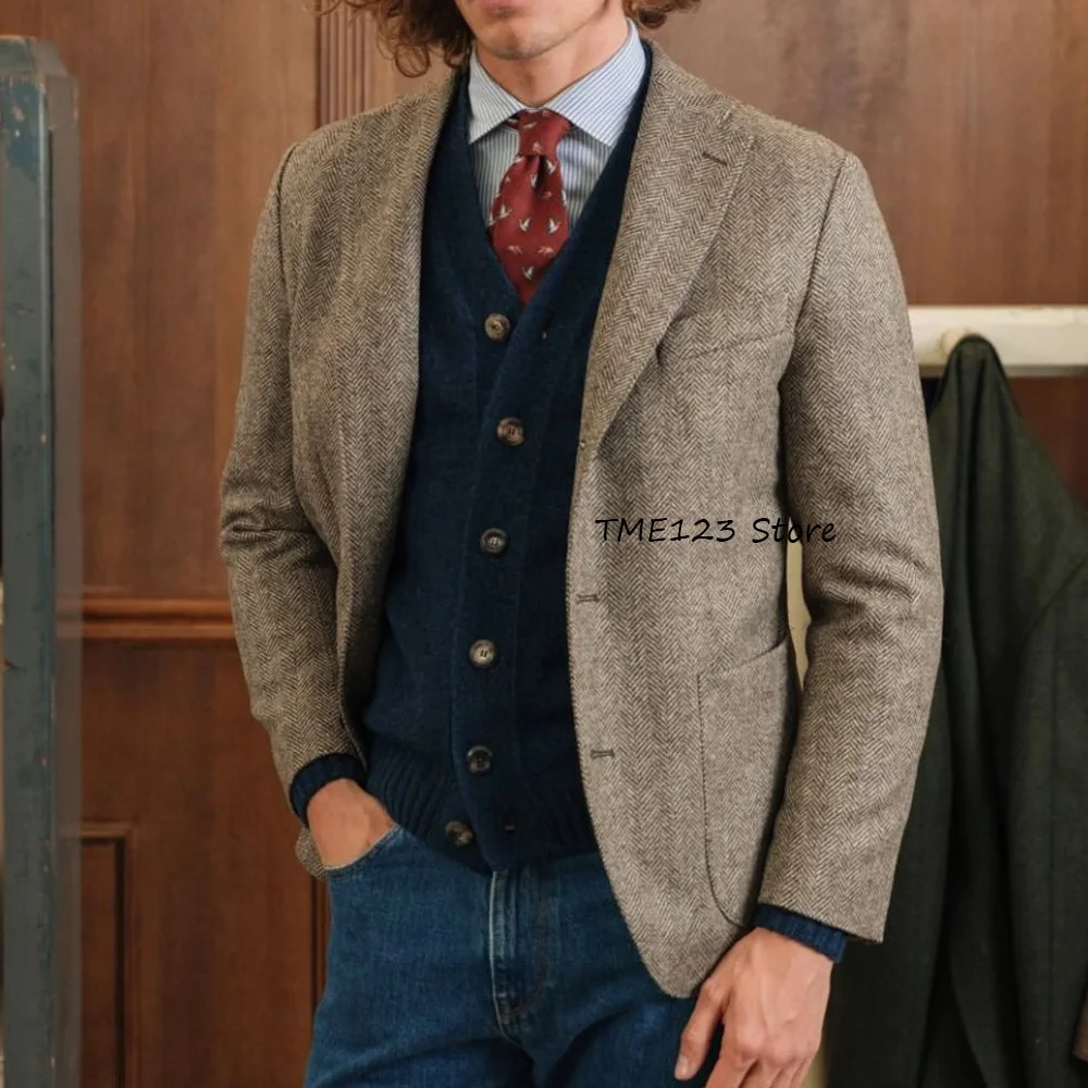 

Herringbone Fabric Urban Blazers Business Casual Fashion Suit Jackets Single-breasted Notch Lapel Men's Jacket Men's Social Coat
