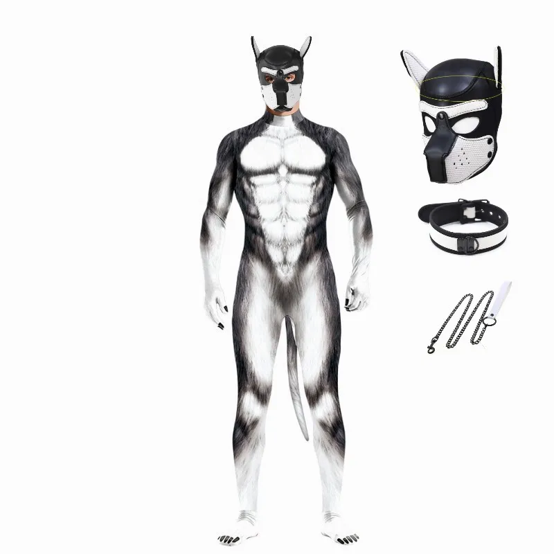 Welpe Cosplay Halloween Kostüme Requisiten aus Gummi Hunde haube Voll gesichts maske mit 3D Wolf Element Bodysuit für Rollenspiel lustige Party