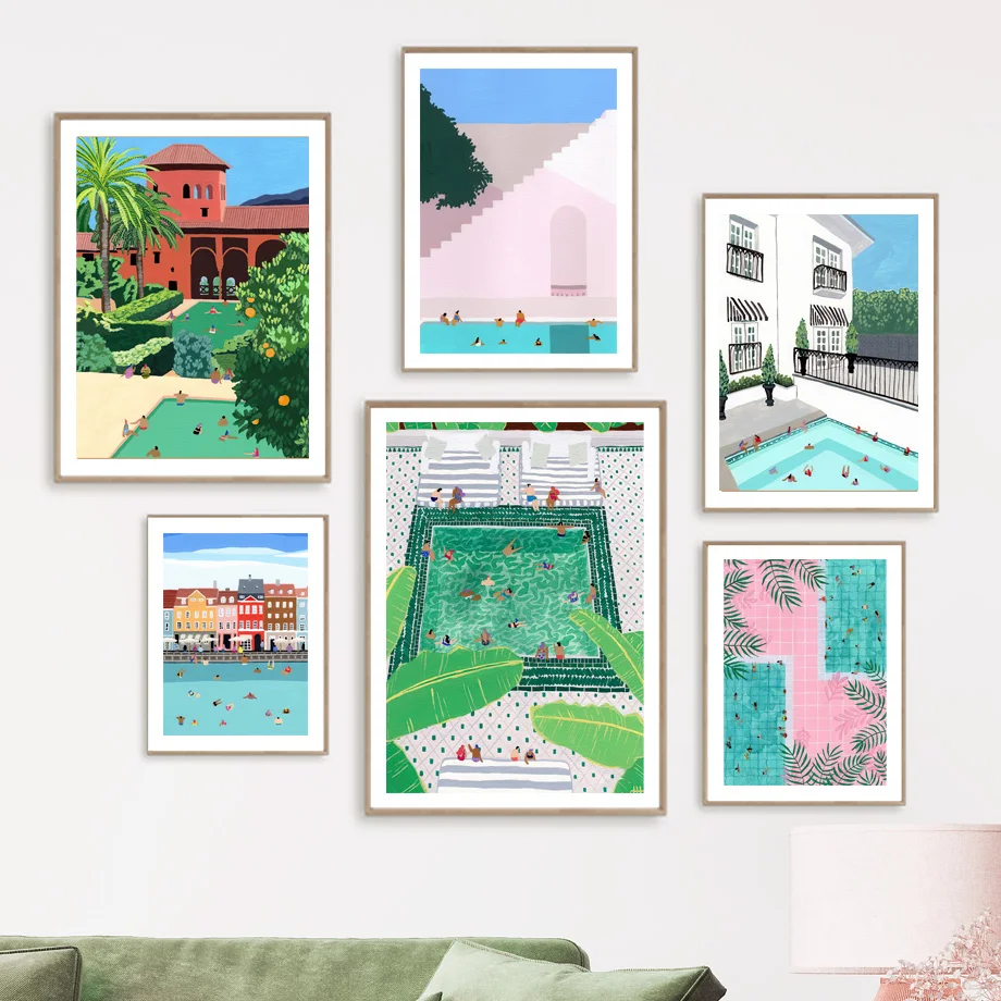 Boho Moroccan Pool Wall Art Colorful Tropical Resort Landscape Prints Vibrant Summer Vacation Canvas Posters Modern Home Decor