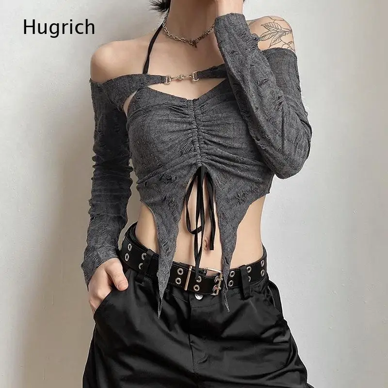 Off Shoulder Halter Long Sleeve Crop Top Metal Chain Decor Front Ruched Drawstring Irregular Hem Y2K Streetwear Tee for Women