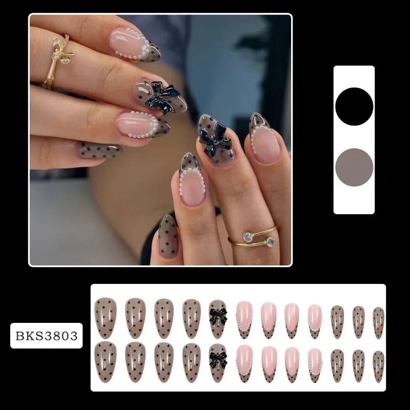 

24PCS Simple Black Polka Dots French Press on Nails Full Cover 3D Bowknot Pearl Almond Fake Nails for Women Ins Nail Fashionable