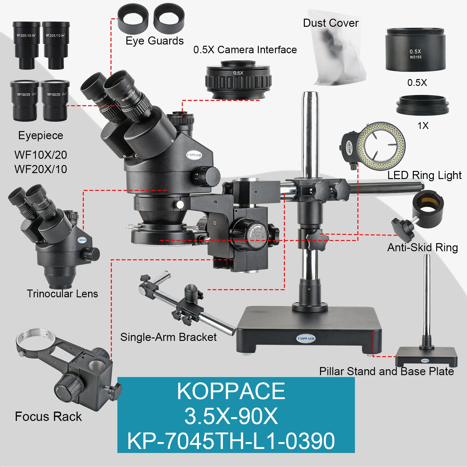 Mikroskop stereoskopowy KOPPACE 3.5X-90X z pojedynczym ramieniem zawiera okular WF10X/WF20X