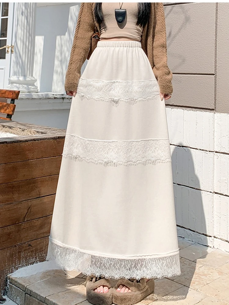 Spitze Spleißen Samt Halbrock Frauen im Herbst Winter hohe Taille Mode A-Linie große Schaukel entspannt Kuchen langen Rock