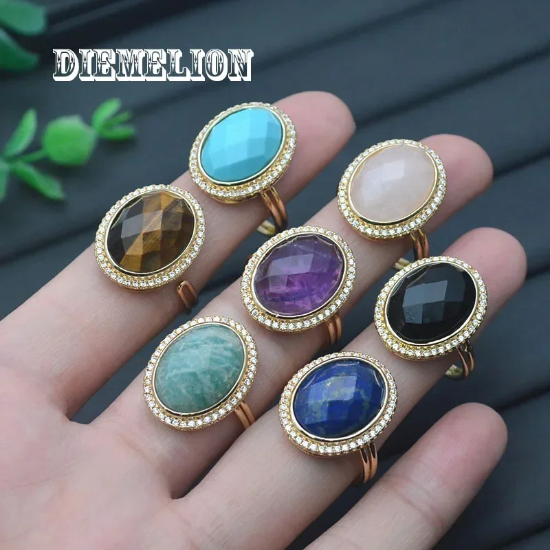 

Trendy Natural Stone Ring Oval Purple Amethyst Tiger Eye Lapis Lazuli Stone Ring Pave CZ Adjustable Ring for Woman Fine Jewelry