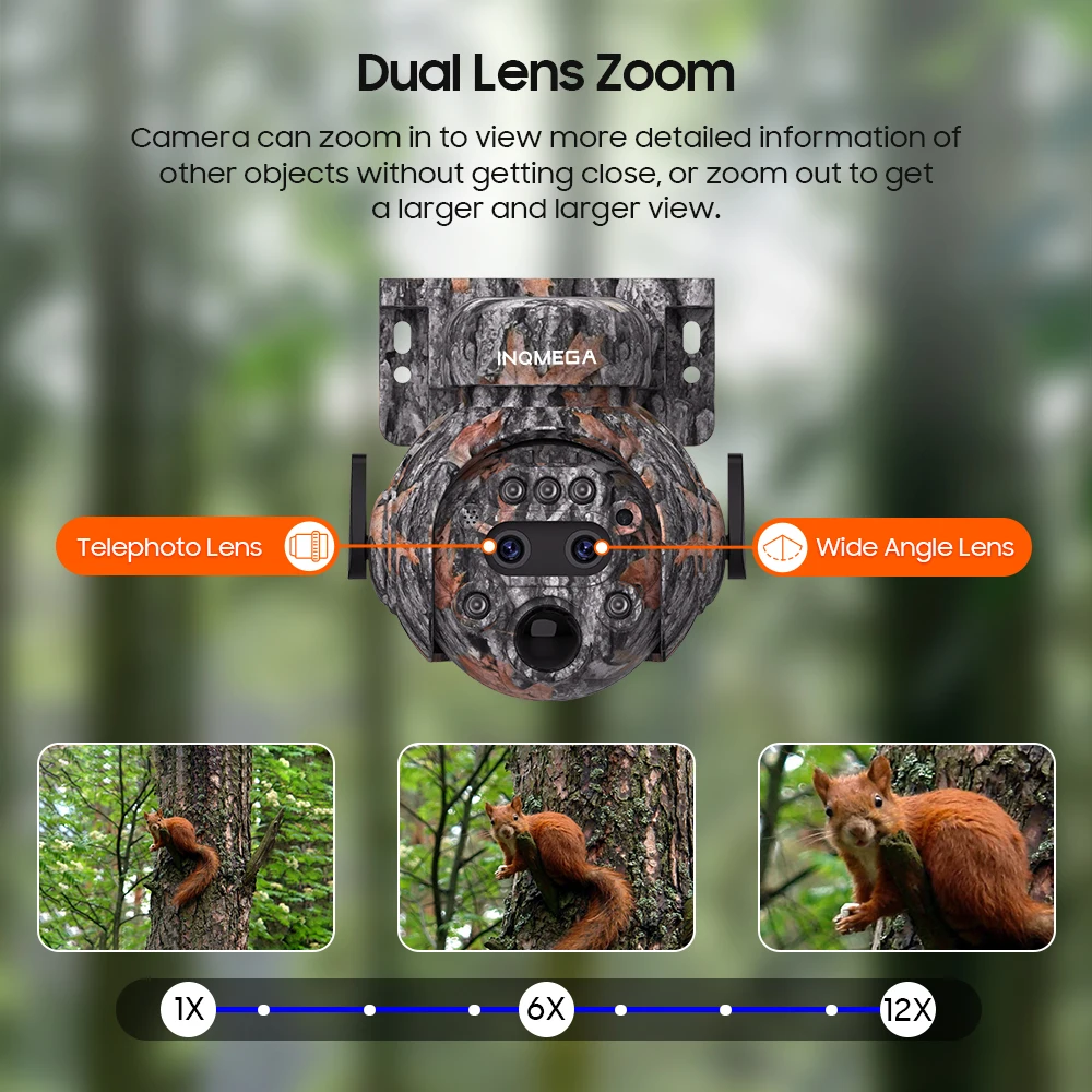 INQMEGA 6MP/3MP Camouflage Solar PTZ Camera Outdoor IP65 Waterproof PIR Motion Detection  Color IR Night Vision Wildlife Camera