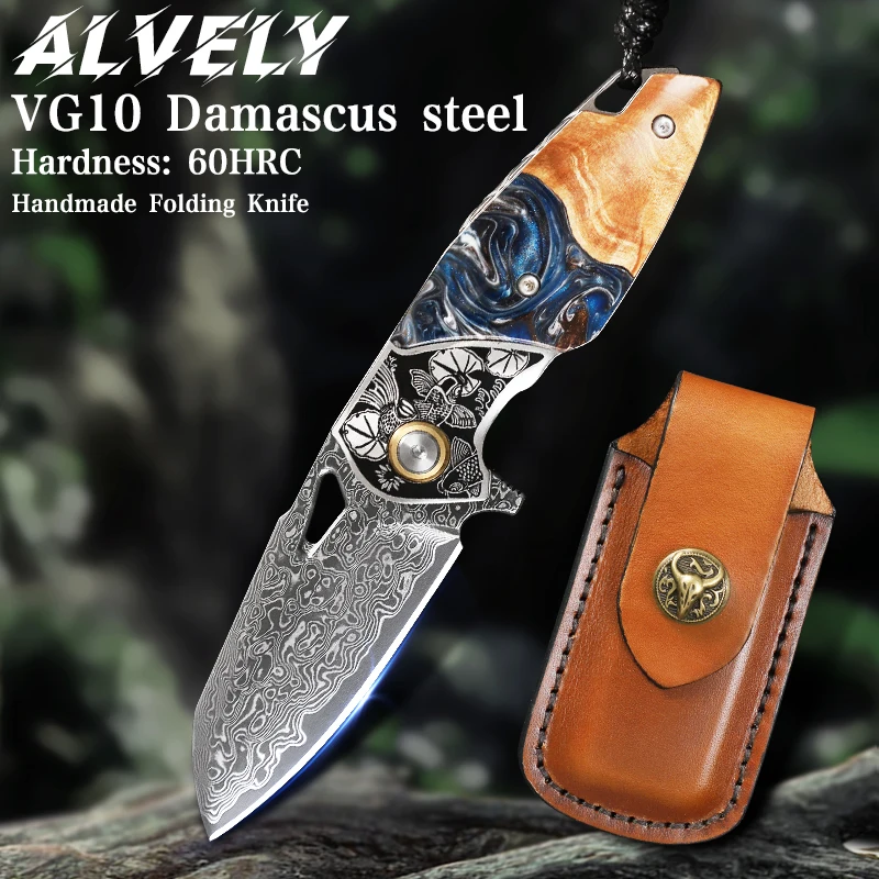 

High-Quality Men's and Women's Folding Pocket Knife, Damascus Steel Pocket Knife, Wooden Handle, Camping Survival Adventure EDC