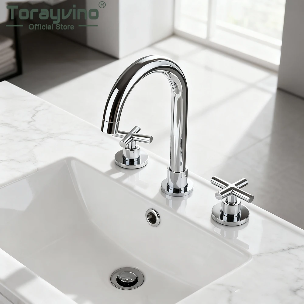 

Torayvino Bathroom Bathtub Faucet Matte Black Basin Sink Deck Mounted Faucets 3 Hole Double Handle Hot And Cold Mixer Water Tap