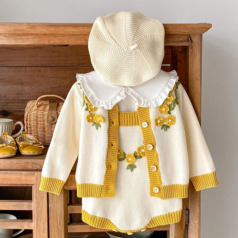 Autumn Winter Newborn Baby Girls Knitting Clothing Set Floral Embroidery Cardigan+Jumpsuit Infant Baby Knitted Clothes Suit