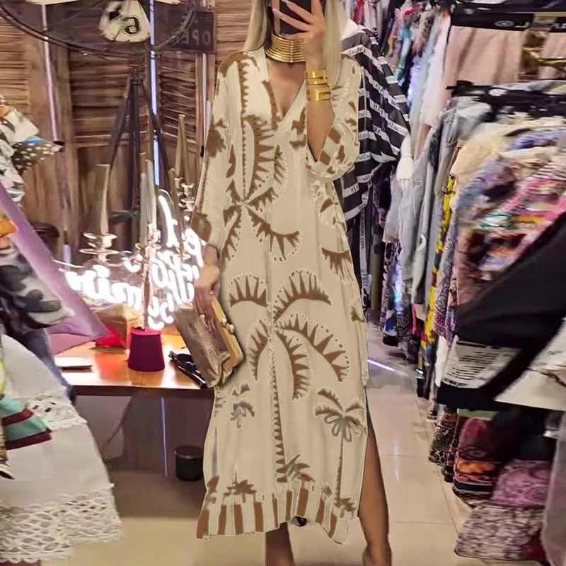 

Spring Autumn Vintage Pattern Printed Women's Dress Casual V Neck Side Split Long Dress Elegant Long Sleeve Pleated Office Dress