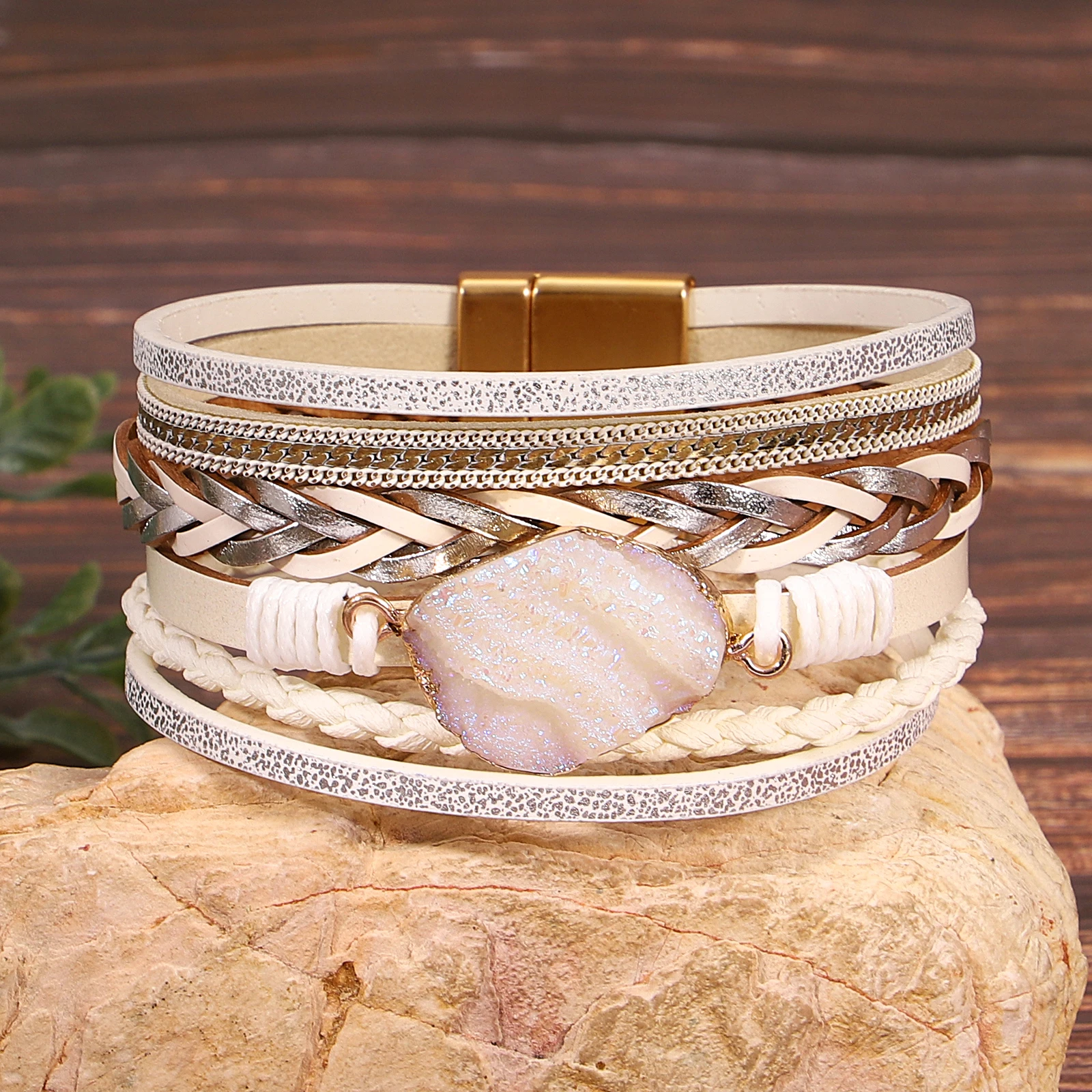 Amorcome Bohemian Irregular Artificial Stone Woven Leather Bracelet Women Multilayer Stackable Winding Bangle Daily Wear Jewelry
