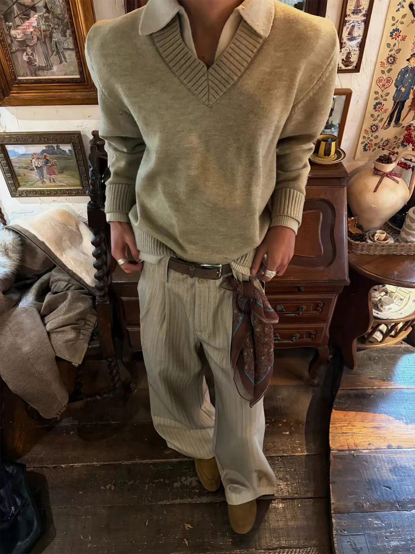 

Мужской вязаный свитер с V-образным вырезом, имитация двухслойности, осенне-зимний, уличный стиль, повседневный, свободный крой, теплый, с длинными рукавами