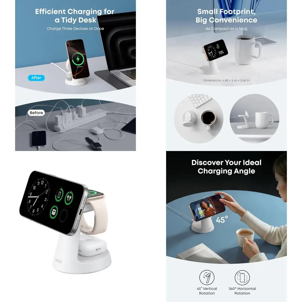 محطة شحن لاسلكية عالمية 3 في 1، متوافقة مع MagSafe بقدرة 15 وات، تدعم iPhone 17/16/15/14، وApple Watch، وسادات AirPods مع التكيف #1