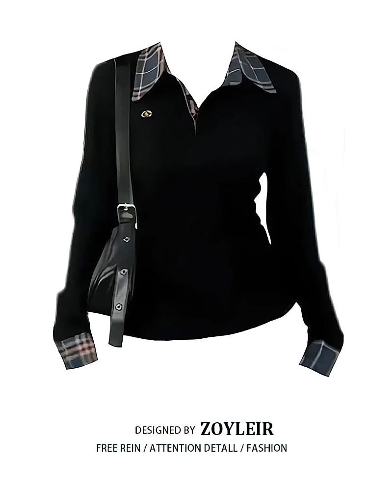 Preppy Polo Neck Plaid Long Sleeve Layered T Shirt Women Fake Two-piece Basic Top V Neck Button Blouses Tees Embroidery
