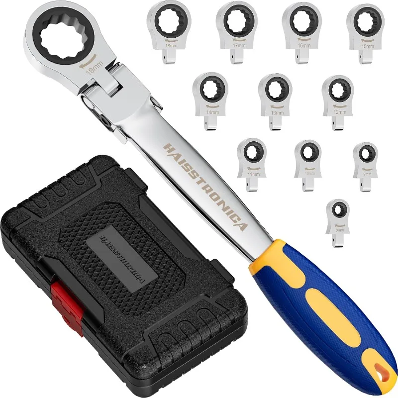 

12 in 1 Interchangeable Heads Ratcheting Combination Wrench Set, 8-19mm Metric Flex Head Ratchet Wrench Tool for Au