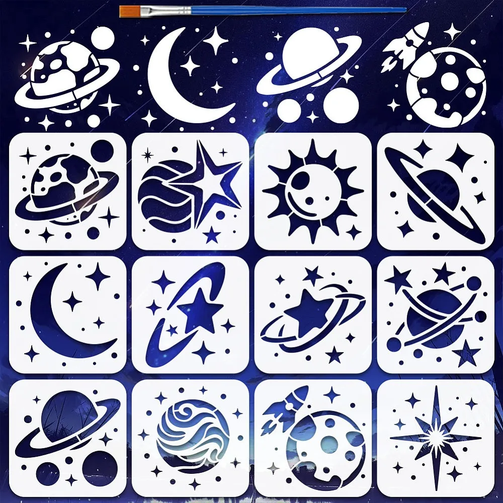 12Styles Planets Pattern Stencils with a Brush 5.9x5.9Inch Moon Stars Painting Stencil PET Solar System Stencil Science Fiction