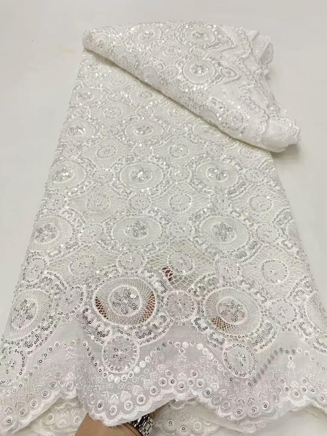 

2025 High Quality Africa Nigerian Tulle Lace Fabric Sequins for Wedding Dress Chiffon Party Guipure Sewing cotton 5Yard DP0431