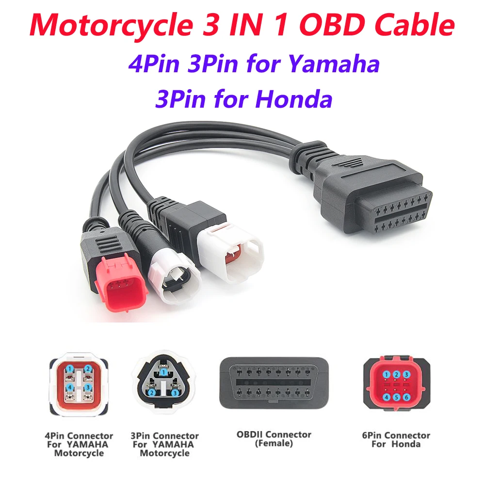 

Для Yamaha 3-контактный 4-контактный для HONDA 6-контактный разъем OBDII 16-контактный разъем OBD2, кабель-удлинитель для мотоцикла, мотоцикла OBD 2