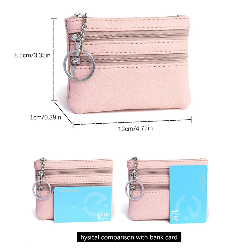 1Pc Solid Color Leather Women's Wallet 3 Zippers Coin Purse Coin Wallet Keychain Card Cash Holder Bag