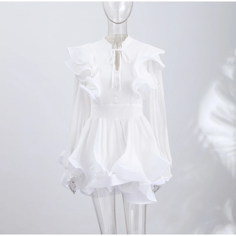 Solid Ruffle Mini Dress U Neck Long Puff Sleeve Tie Neck Tiered Hem Sweet Style Gown Soft Pastel Tones Fashion Chic Women Outfit