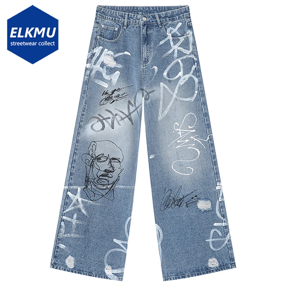 

Men's Baggy Jeans Graffiti Printed Loose Straight Denim Pants Fashion Streetwear Hip Hop Casual Blue Jeans Trousers Man