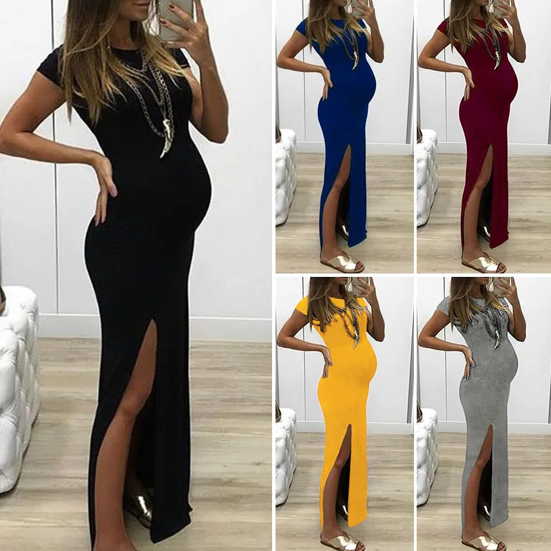 2023 Summer Maternity Dresses Solid Short Sleeve Bodycorn Maxi Dress Pregnant Women Side Slit Baby Shower Gowns Premama Clothing