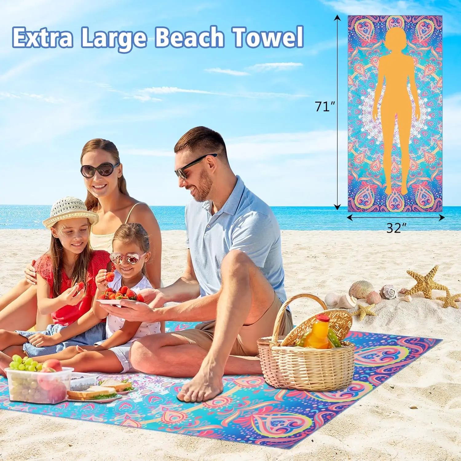 Microfiber Sand Free Beach Towel, Oversized Beach Towels for Adult, Quick Dry Super Absorbent Towels Beach for Travel