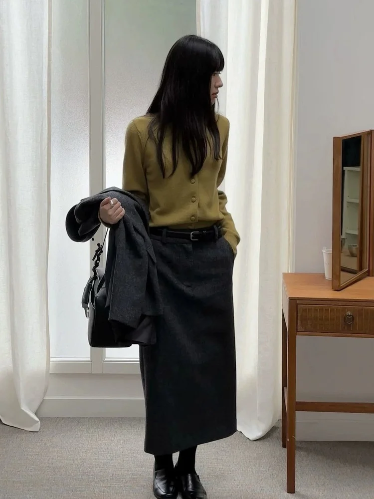   Mittellanger Wollrock mit hoher Taille und schlankem, drapiertem Pendelrock für Damen, Faion, koreanischer gestrickter, gerader Schnitt