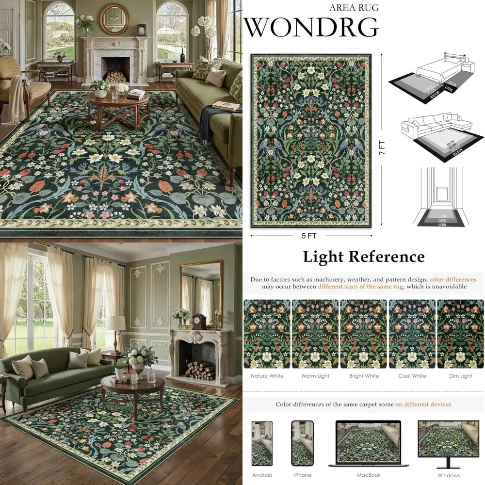 

Durable Dark Green Floral 8x10 Rug for Living Spaces with Non-Slip Backing, Suitable for Playrooms, Vintage Style, Low Pile, and