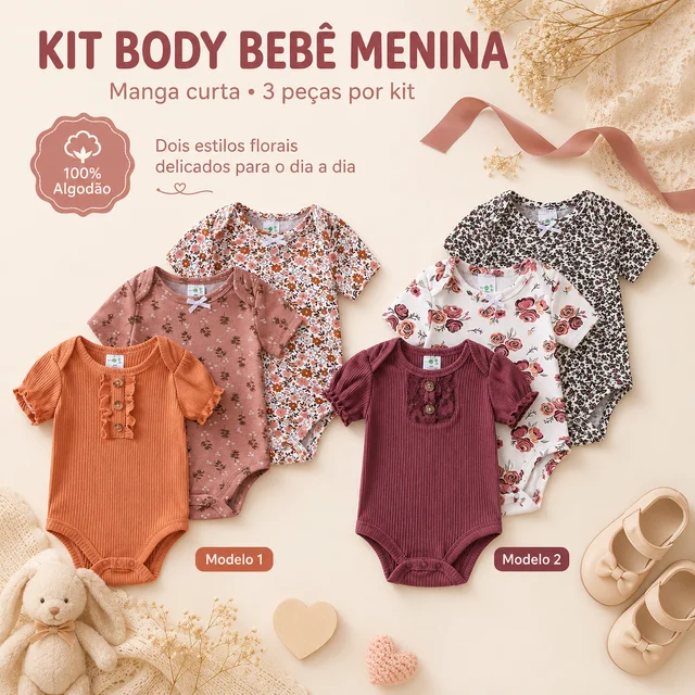 Kit Body Bebê Menina 3 Peças Manga Curta 100% Algodão Floral Roupa Infantil Confortável 3M a 12M