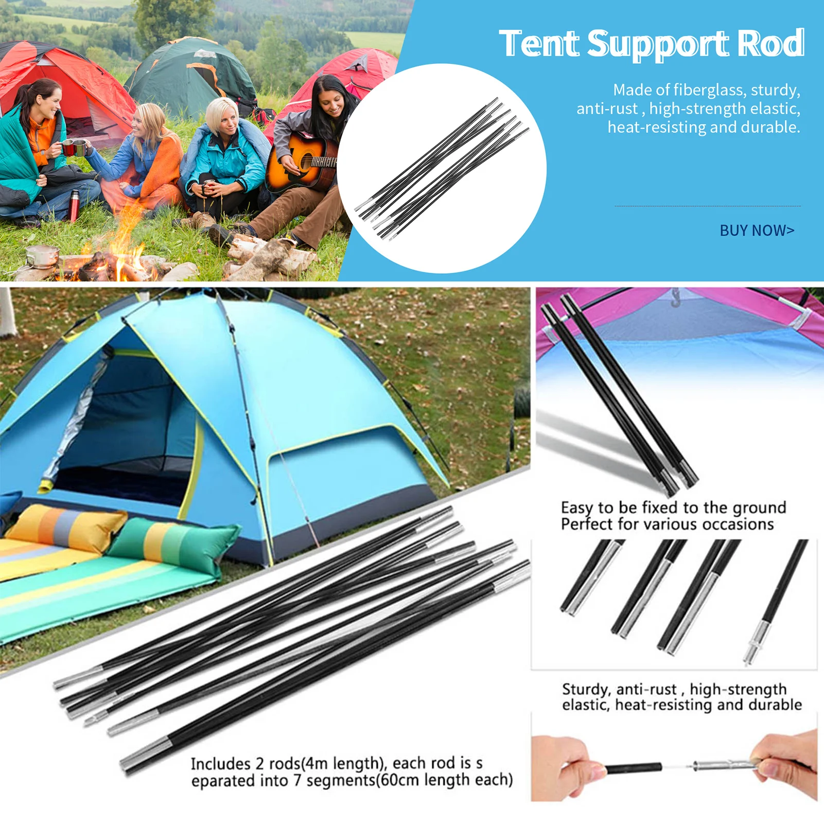 3.96m Fiberglass Camping Tent Poles, 3.96m Foldable Support Rods, Anti-Rust, High-Elasticity for Outdoor Awning Frames Kit