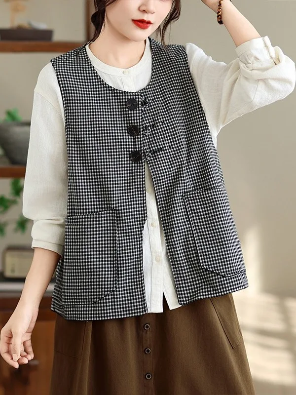 Retro Corduroy Double-Sided Wear Plaid Vest Women's Casual Sleeveless Shoulder Pad Top Cotton Blend Lightweight Outdoor