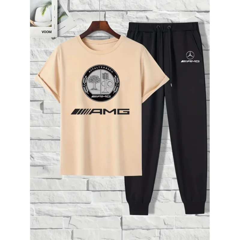 طقم مرسيدس بنز الجديد لعام 2025 للربيع والصيف، طقم قميص وسروال طويل مكون من قطعتين، كاجوال وعصري