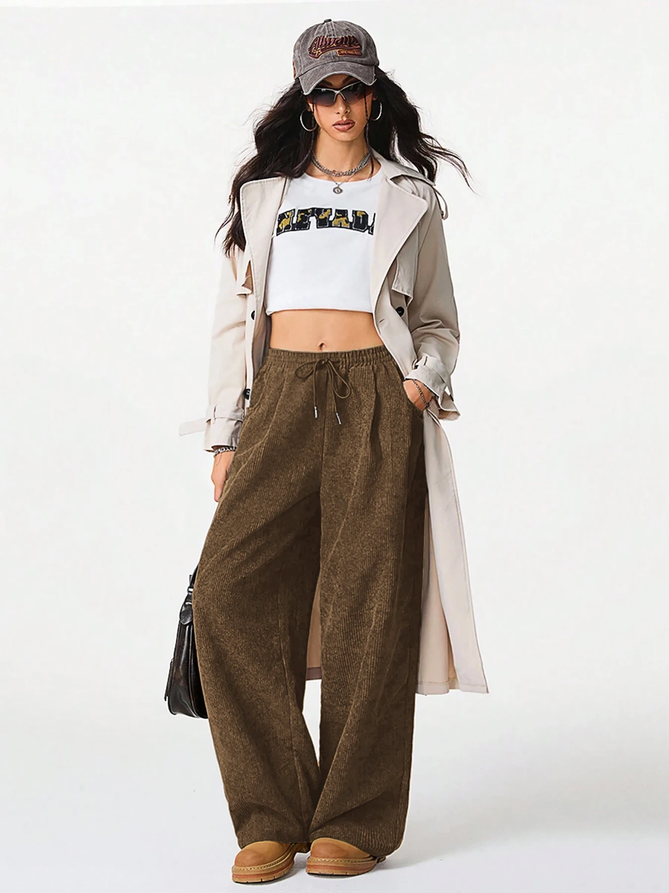 Damen Retro Cord Cargo-Hose Lässige Kordelzug Gerade Sporthose Fließende Alltags-Pendlerhose mit Weitem Bein – Detail 26