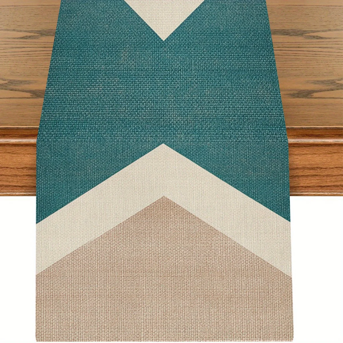 Nordic Geometric Print Table Runner - Teal Beige Brown Durab